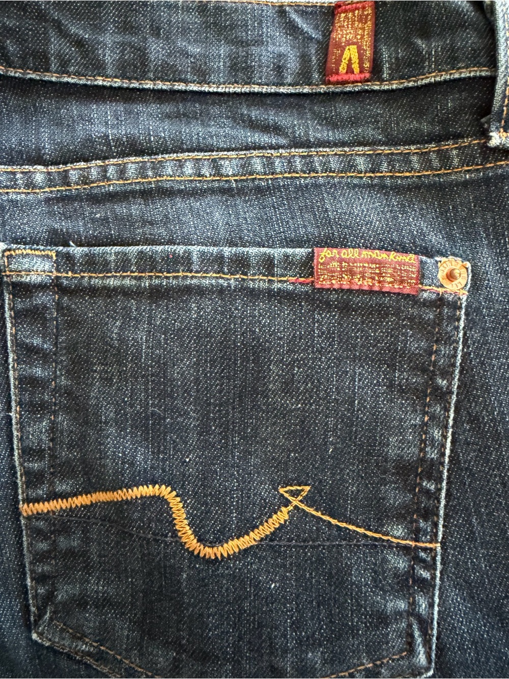7 For All Mankind Dark Blue Denim Jeans with Yellow Stitching